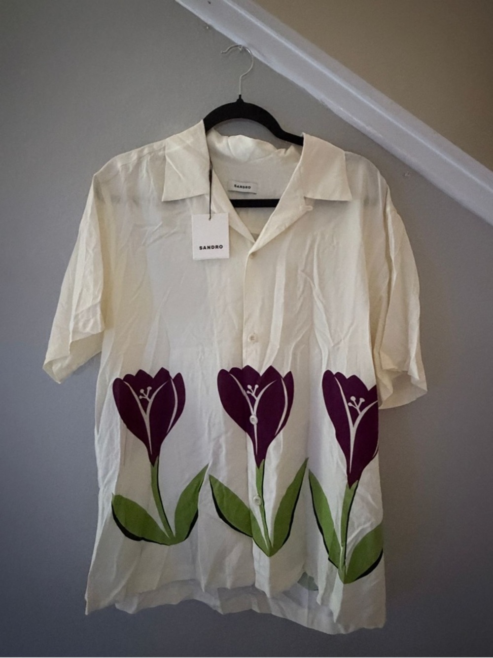 Men's Cream Short-Sleeve Button-Down Shirt with Purple Floral Print - Picture 2 of 3